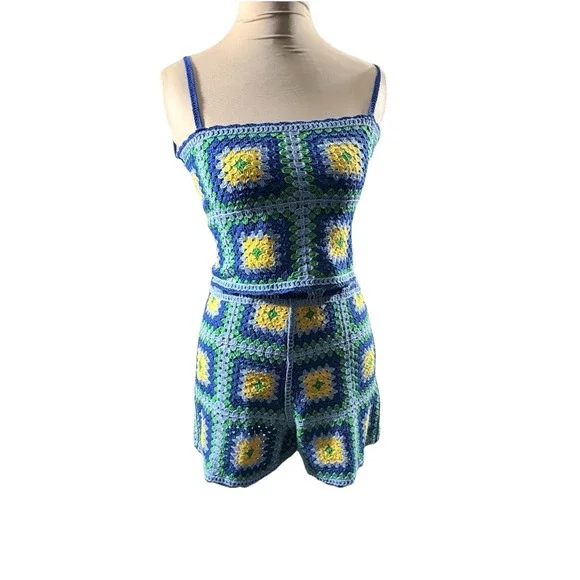 Zara Crochet Set Women Blue Yellow Small Granny Square Boho Festival Matching - Picture 2 of 16